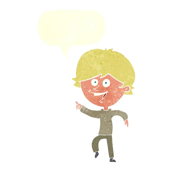 Cartoon happy pointing man with speech bubble — Stock Vector