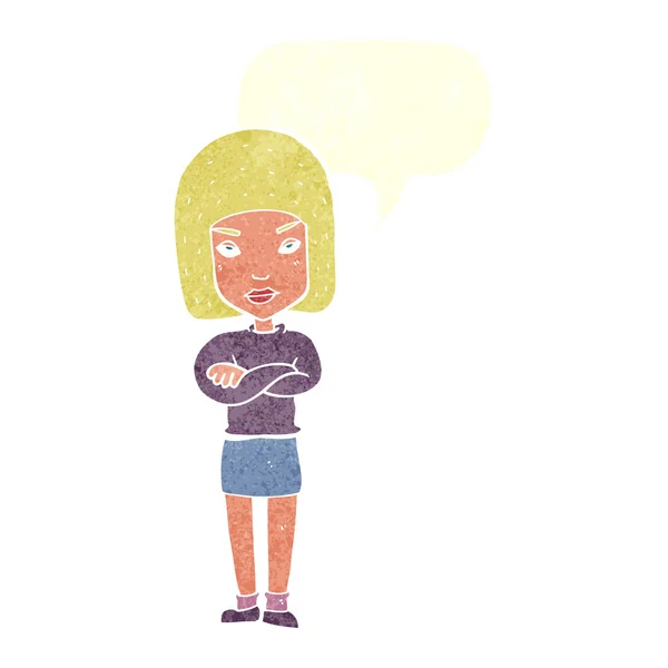 Femme dessin animé avec bras croisés avec bulle de parole — Image vectorielle