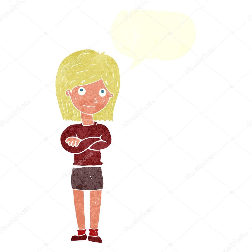 Cartoon friendly girl rolling eyes with speech bubble Stock Vector