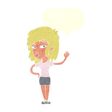 Çizgi film güzel kadın konuşma balonuyla el sallıyor