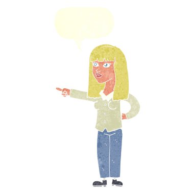 Güzel bir kadın konuşma balonunu işaret ediyor.