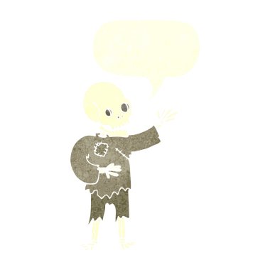 karikatür iskeleti konuşma baloncuğuyla sallanıyor