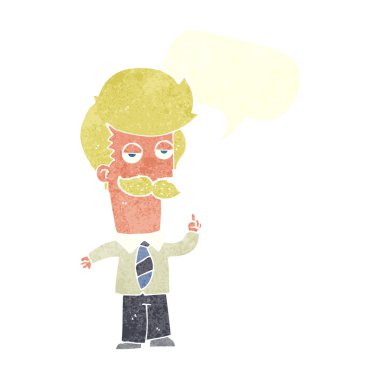 Bıyıklı çizgi film karakteri konuşma baloncuğuyla anlatıyor