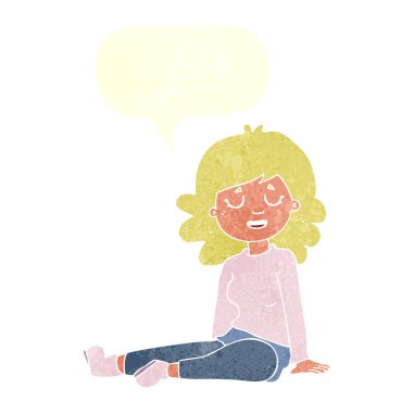 çizgi film mutlu kadın konuşma baloncuğu ile yerde oturuyor