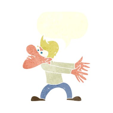 Karikatür, konuşma baloncuğuyla hareket eden sinirli bir adam.