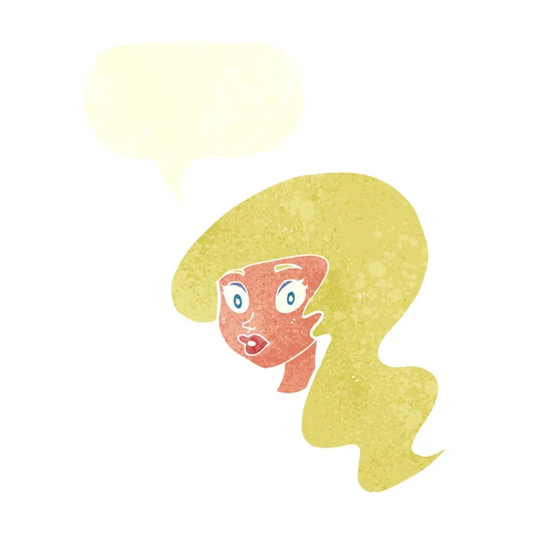 Karikatur hübsches weibliches Gesicht mit Sprechblase — Stockvektor