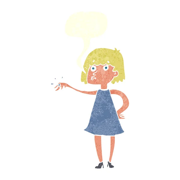 Mujer de dibujos animados mostrando anillo de compromiso con la burbuja del habla — Archivo Imágenes Vectoriales