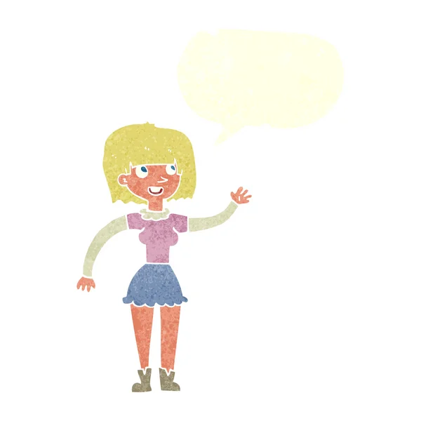 Chica de dibujos animados ondeando con la burbuja del habla — Vector de stock