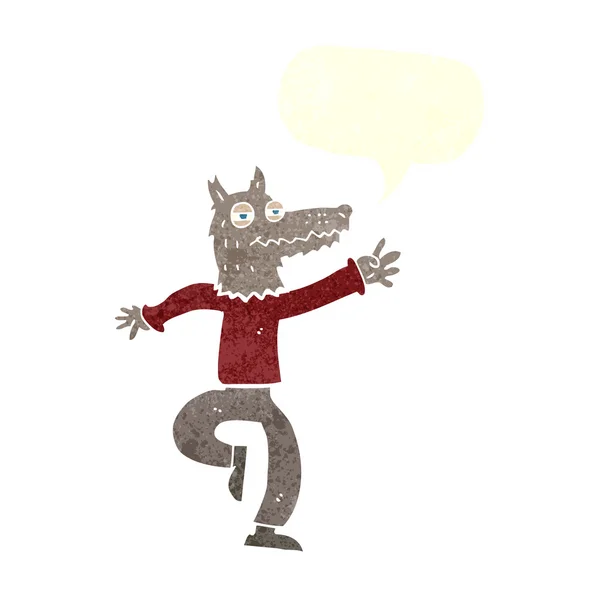 Cartoon happy wolf man with speech bubble — Stock Vector