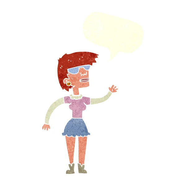 Donna cartone animato in occhiali agitando con bolla discorso — Vettoriale Stock