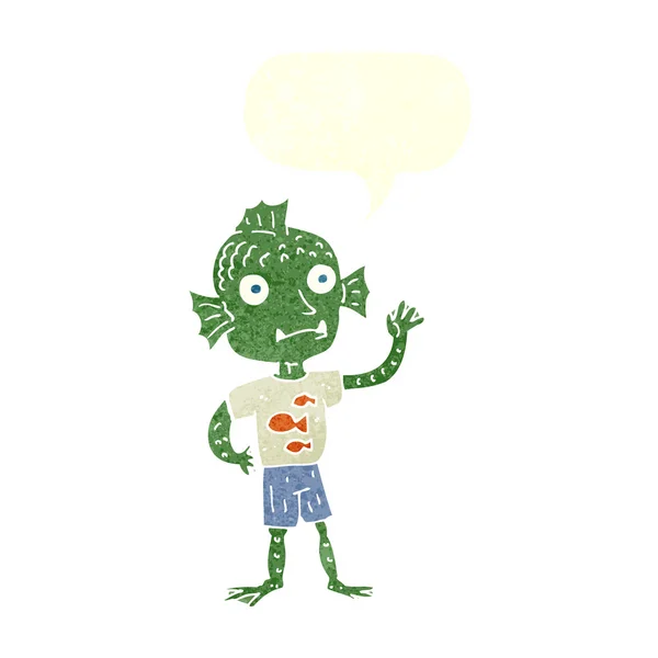 Desenho animado acenando menino peixe com bolha de fala — Vetor de Stock
