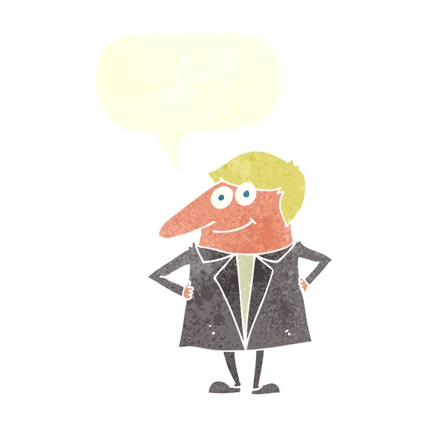 Karikatur glücklicher Mann im Anzug mit Sprechblase — Stockvektor