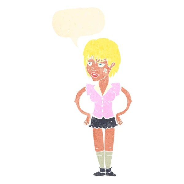 Dibujos animados mujer dura con las manos en las caderas con burbuja del habla — Vector de stock