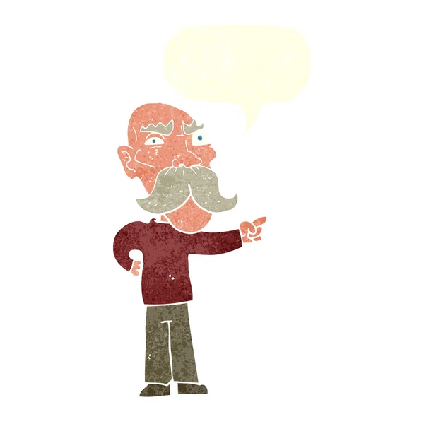 Мультфильм раздраженный старик указывая речевой пузырь — стоковый вектор