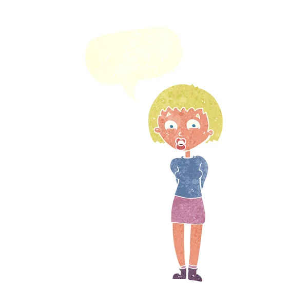 Dibujos animados mujer sorprendida con burbuja del habla — Vector de stock