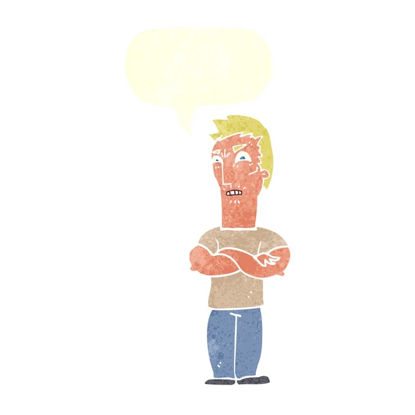 Dessin animé ennuyé homme avec les bras croisés avec bulle de parole — Image vectorielle