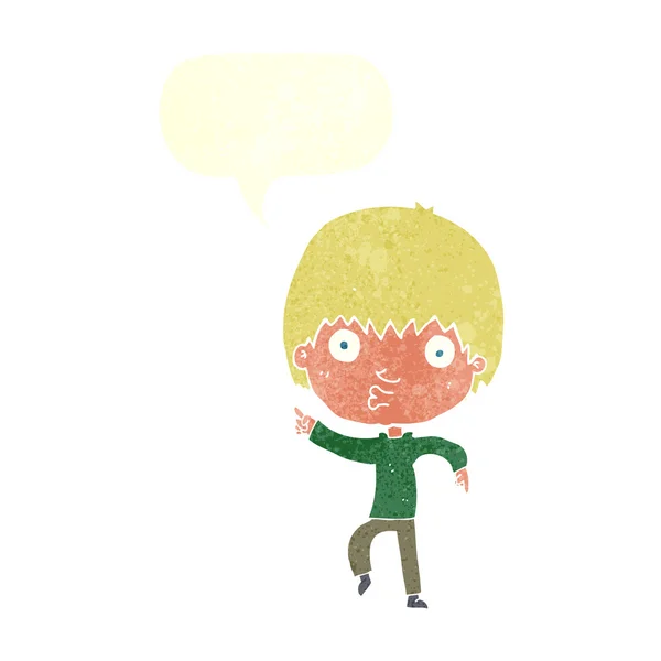 Dessin animé impressionné garçon pointant avec bulle de parole — Image vectorielle