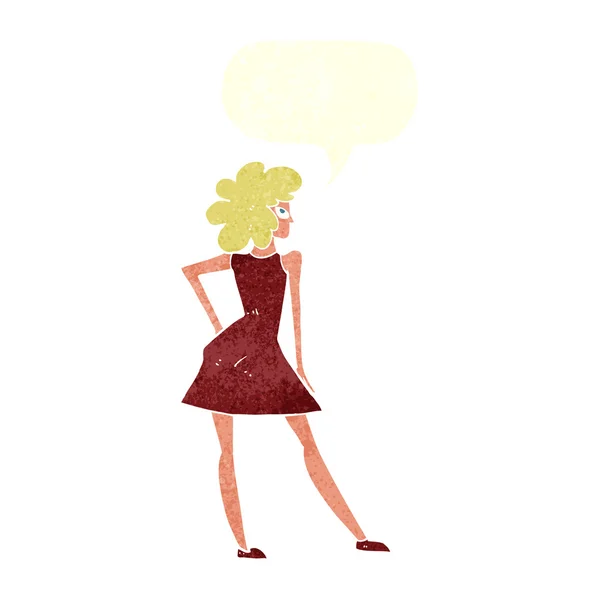 Cartoon woman posing in dress with speech bubble — Stock Vector