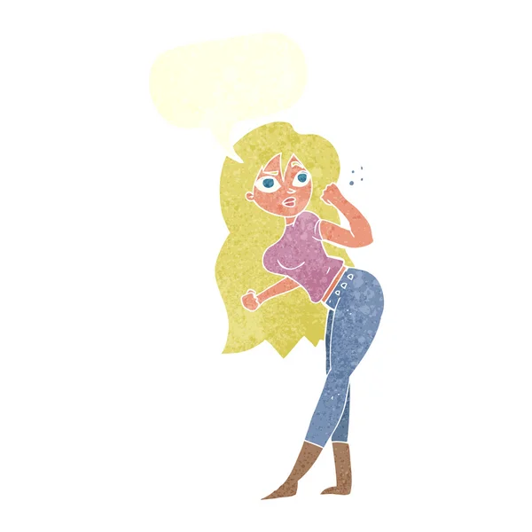 Mujer de dibujos animados levantando puño con burbuja de habla — Archivo Imágenes Vectoriales