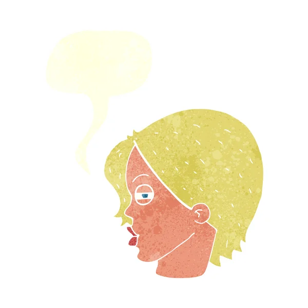 Dessin animé visage féminin avec des yeux étroits avec bulle de parole — Image vectorielle