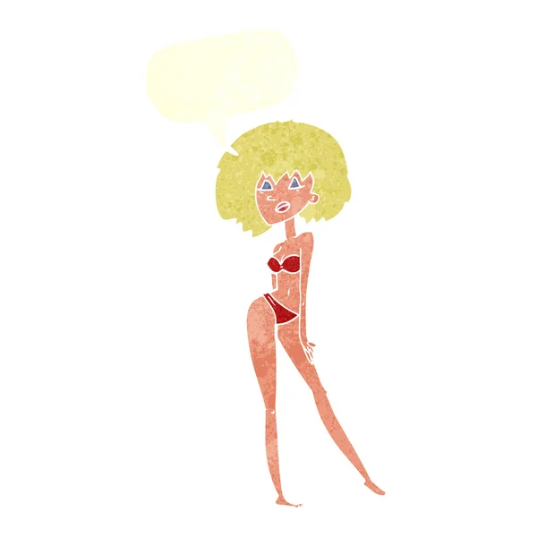 Mujer de dibujos animados en bikini con burbuja del habla — Vector de stock