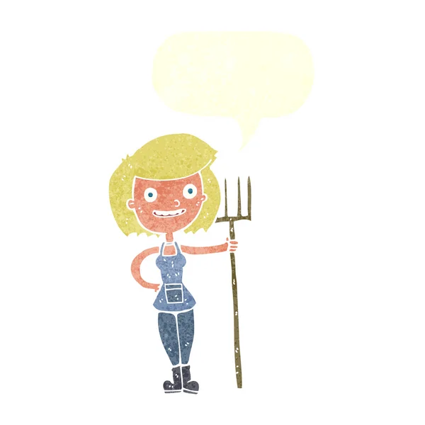 Kreslené šťastný farmář dívka s bublinou řeči — Stockový vektor