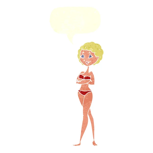 Dibujos animados mujer retro en bikini con burbuja de habla — Vector de stock