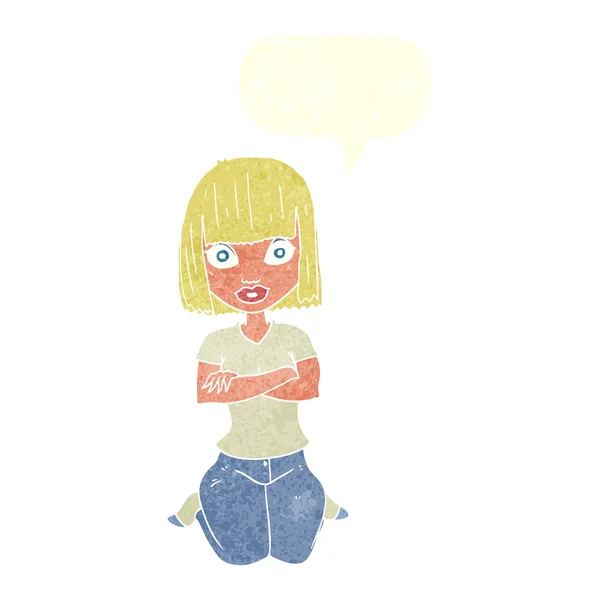 Femme dessin animé agenouillé avec bulle de parole — Image vectorielle