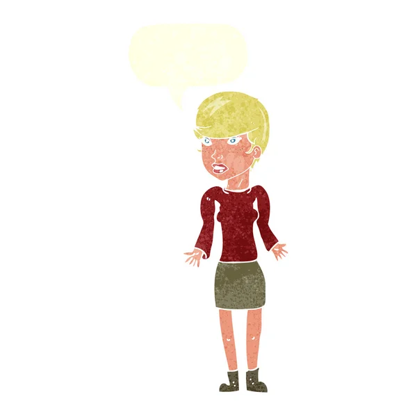 Γελοιογραφία συγκεχυμένης γυναίκας με το συννεφάκι λόγου — Διανυσματικό Αρχείο