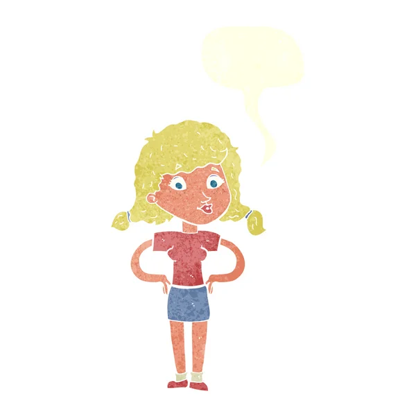 Kreskówki ładna dziewczyna z rękami na biodrach z bańki mowy — Wektor stockowy
