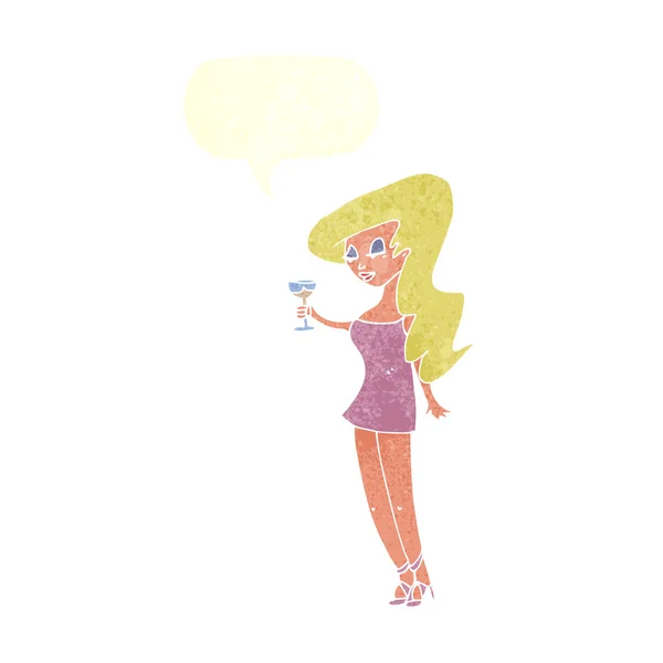 Donna dei cartoni animati alla festa con la bolla discorso — Vettoriale Stock