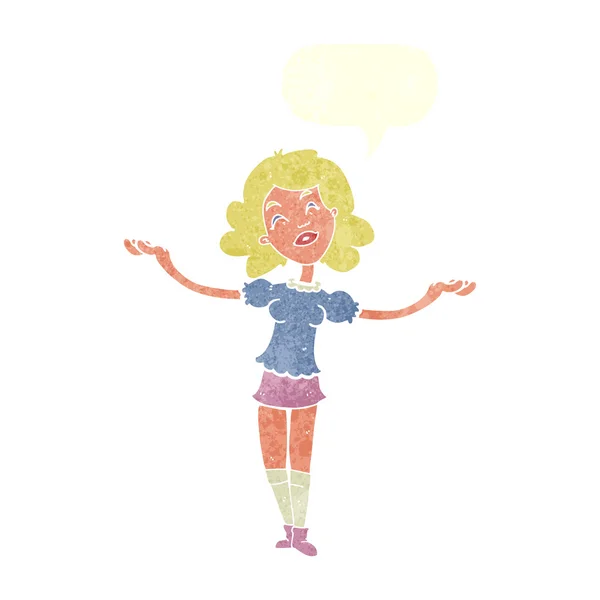 Mujer de dibujos animados tomando elogios con la burbuja del habla — Vector de stock