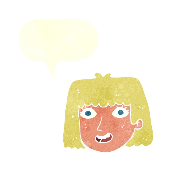 Cartone animato volto femminile felice con bolla discorso — Vettoriale Stock