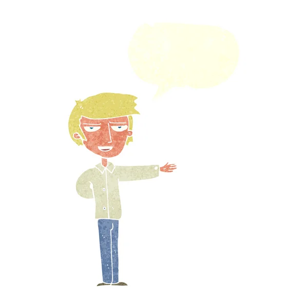 Hombre de dibujos animados gesto de bienvenida con burbuja de habla — Vector de stock