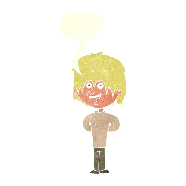 Desenho animado menino desajeitado feliz com bolha de fala — Vetor de Stock