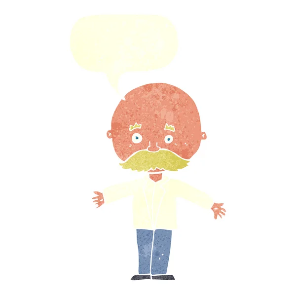 Καρτούν φαλακρός άνθρωπος με ανοιχτές αγκάλες με φούσκα ομιλία — Διανυσματικό Αρχείο