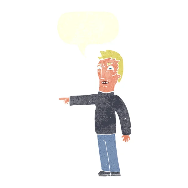 Cartone animato uomo arrabbiato che punta con la bolla discorso — Vettoriale Stock