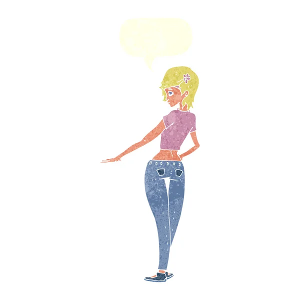 Karikatur hübsches Mädchen in Jeans und T-Shirt mit Sprechblase — Stockvektor