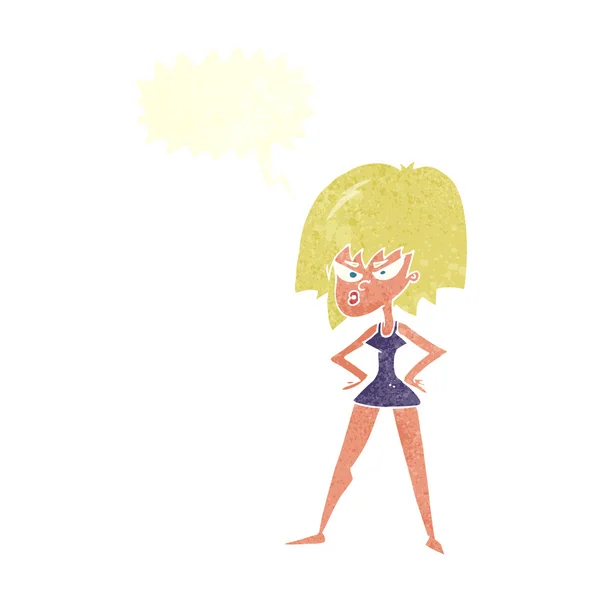 Cartone animato donna arrabbiata in abito con bolla discorso — Vettoriale Stock