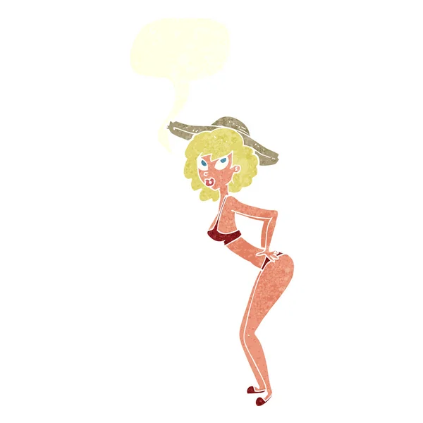 Cartoon Pin-up Strandmädchen mit Sprechblase — Stockvektor