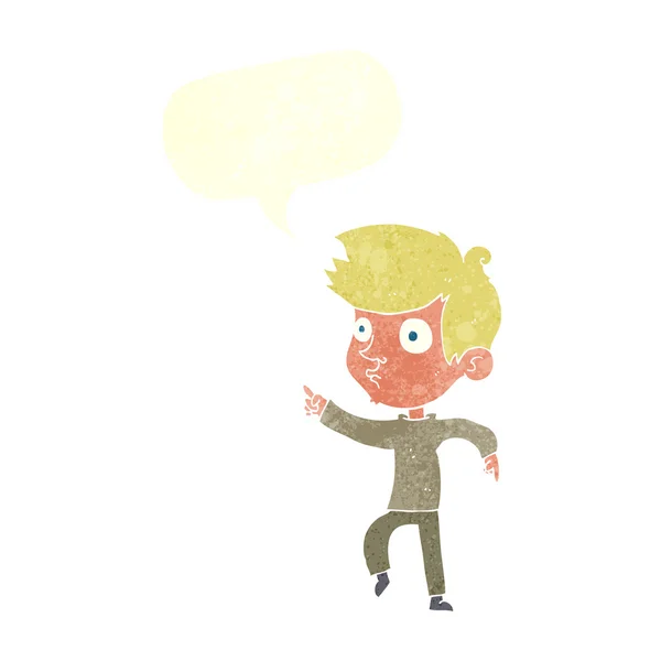 Cartoon pointing boy with speech bubble — Stock Vector