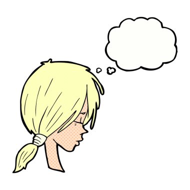 Çizgi film kızı düşünce baloncuğuyla düşünceli görünüyor.