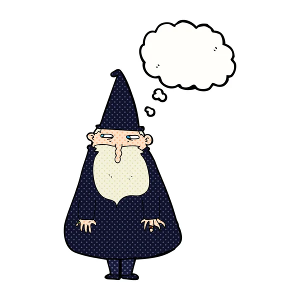 Cartoon wizard with thought bubble — Stock Vector
