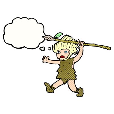 Düşünce kabarcığı olan bir mağara adamı.