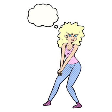 Düşünce baloncuğuyla poz veren çizgi film kadını