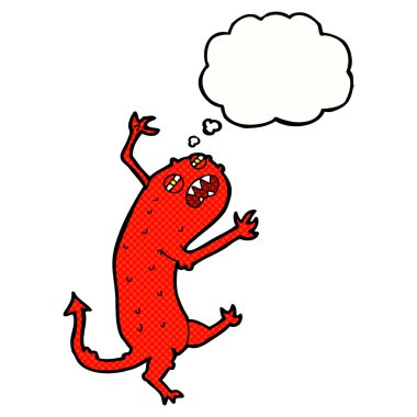 Düşünce baloncuklu küçük canavar.