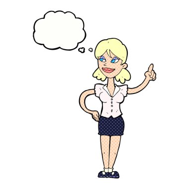 Düşünce baloncuğu olan harika bir fikri olan karikatür kadın.