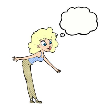 Çizgi filmdeki kadın düşünce baloncuğuyla bir şey almaya çalışıyor.