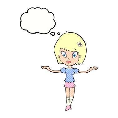 Çizgi filmdeki kadın düşünce balonuyla dengeleyici bir jest yapıyor.
