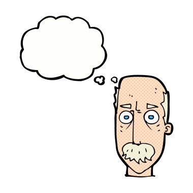 Düşünce baloncuklu bıyıklı çizgi film adamı.